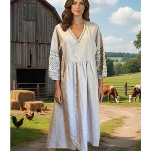 Madewell V-Neck Dress Linen Blend Embroidered Neckline & Peasant Sleeves SZ SM